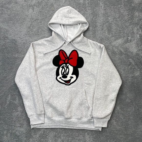 Disney Tops - Disney Minnie Mouse Hoodie Womens Medium Gray Heather Crochet Patch Fleece Lined